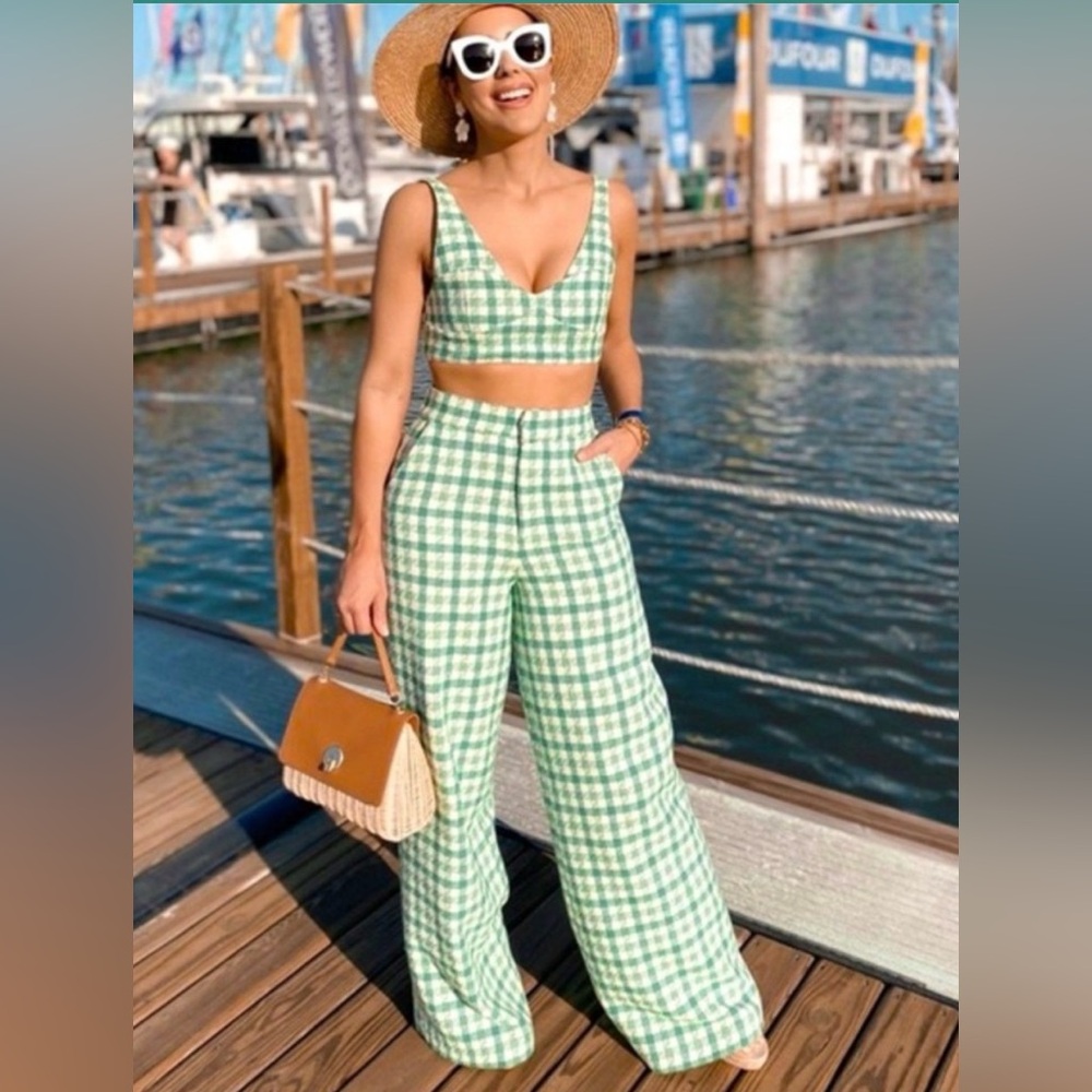 Zara Green Gingham Wide Leg Tweed Textured Pants Size S Maximalist Spring Chic